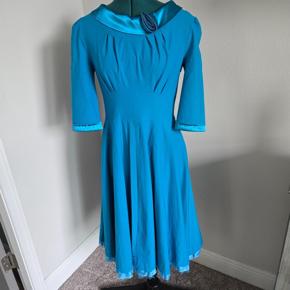 MUXXN Womens Dress Retro Fit and Flare Turquoise Sz 14 Stretchy Satin Flower